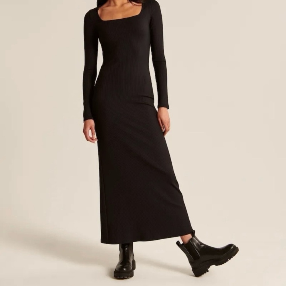 Abercrombie & Fitch Long Sleeve Ribbed Maxi Dress Womens XLT XL TALL Black